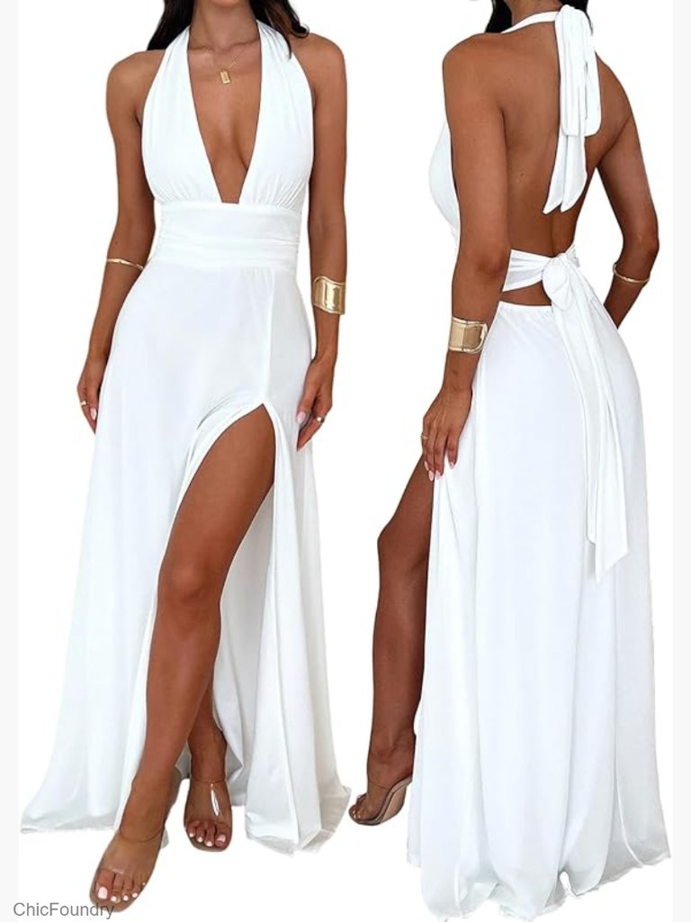 Halter V Neck Maxi Dress High Slit Bow Tie A-Line Sleeveless Wedding Guest